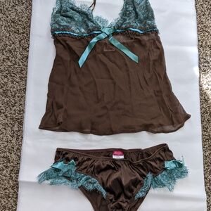 Spoylt Brown and Teal Lace Sleepwear Set L
